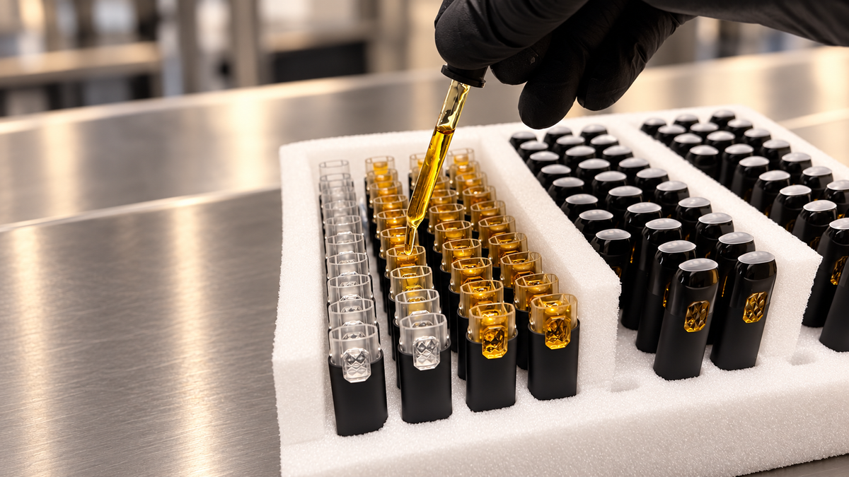 Ganja Mon handcrafted small-batch cartridge filling process