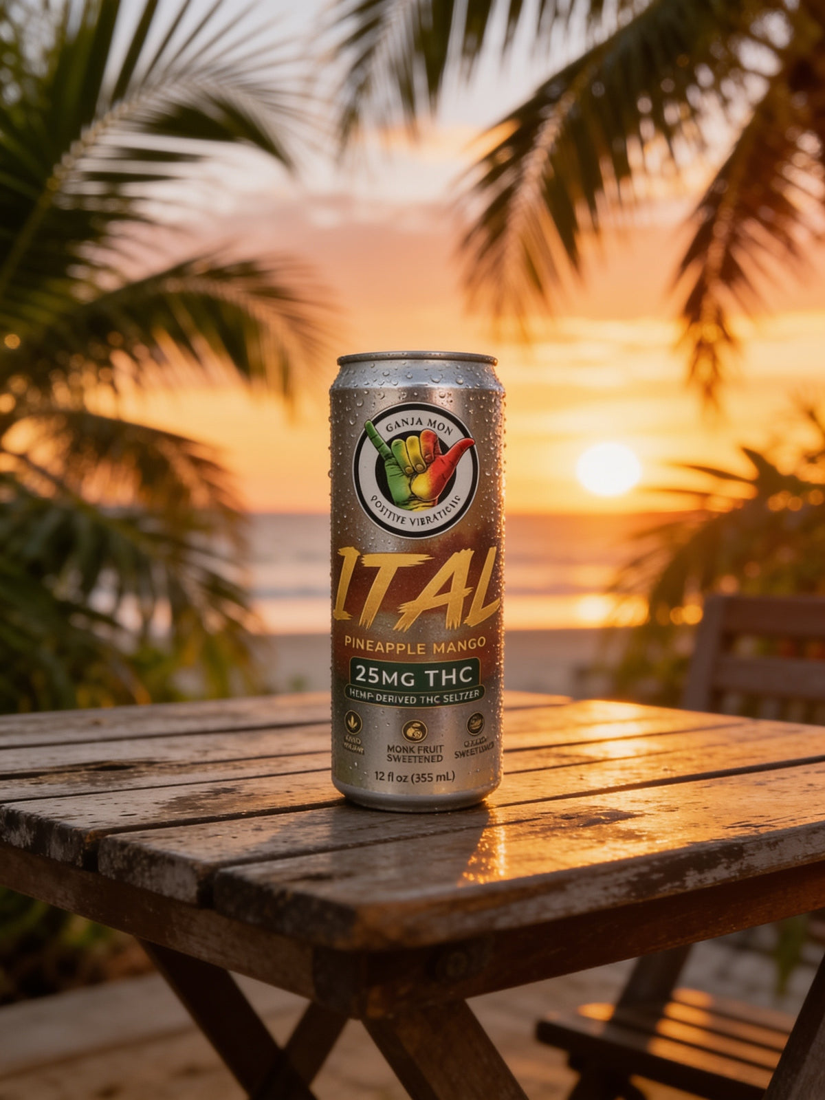 ITAL Pineapple Mango 25mg hemp-derived THC seltzer can at sunset