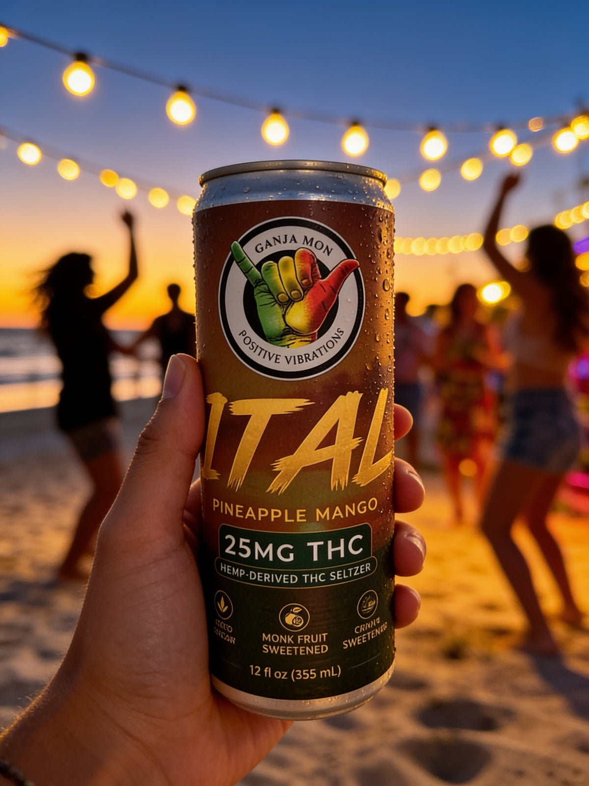 ITAL Pineapple Mango seltzer can at an evening beach gathering
